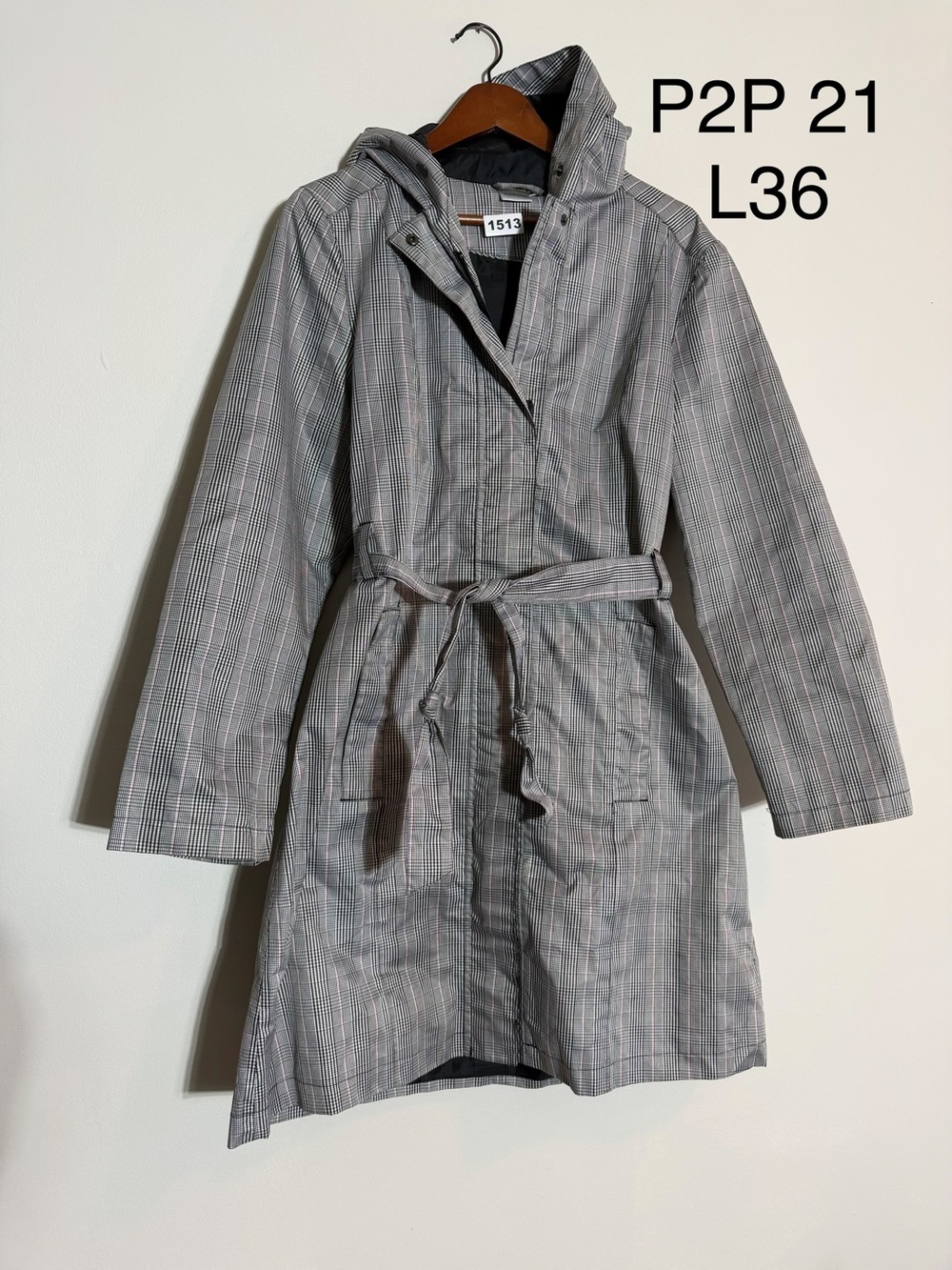 Puretech Plaid Hooded Trench Raincoat Size M 40/42 Belted Black White Pink